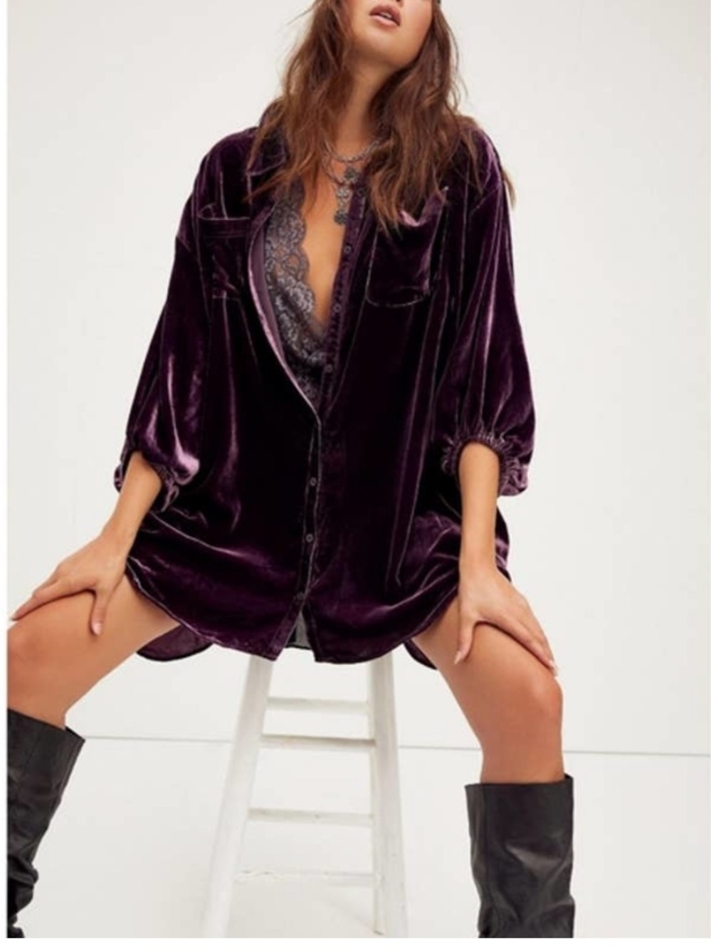 Free People Lux Velvet Shirtdress Deep Purple S Small Whimsigoth Dark Romance